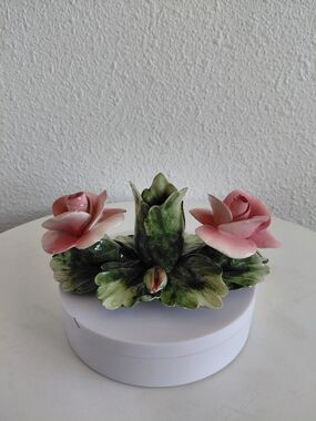 Vtg MC Capodimonte Made In Italy Porcelain Candle Holder Pink Rose
